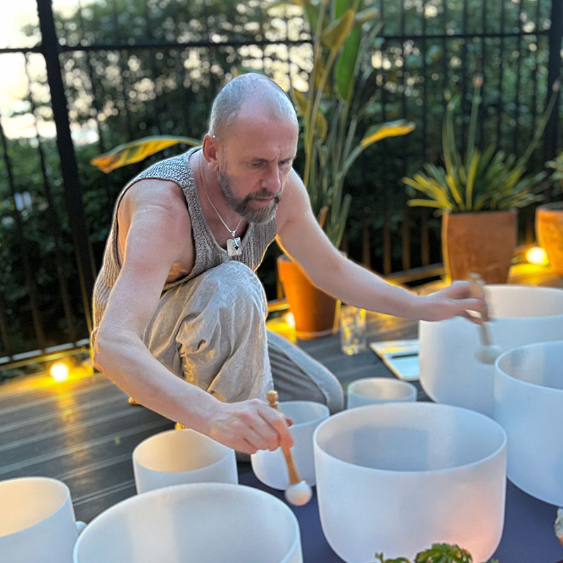 David using a set of Crystal bowls
